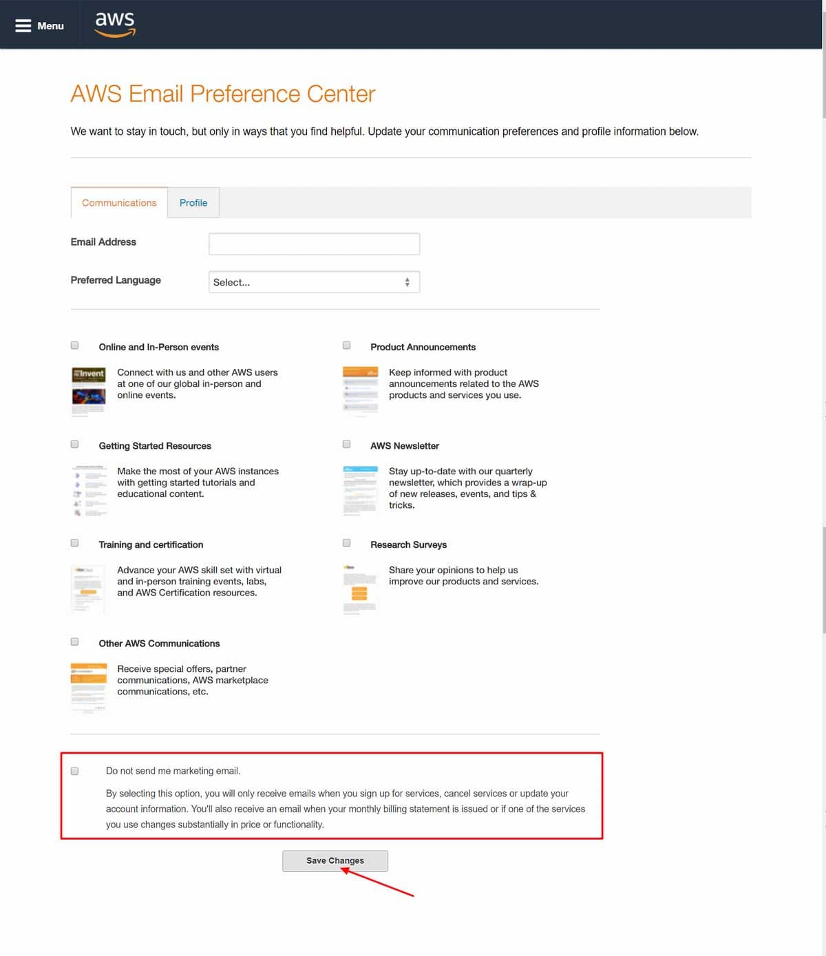 AWS Email Preference Center