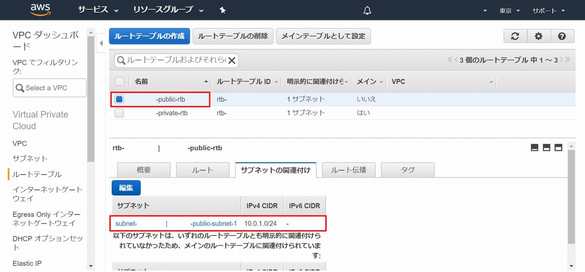 ルートテーブルがパブリックサブネットに関連付けられていたら完了