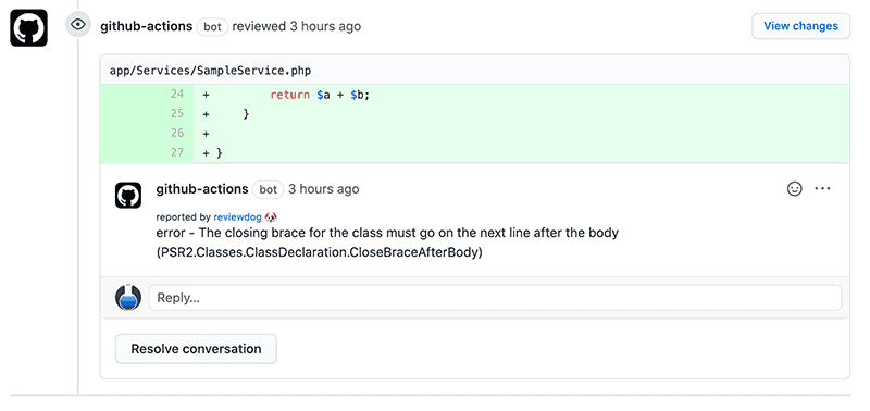 構文チェックエラーのレビューコメント