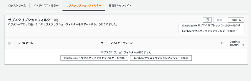 CloudWatchLogsサブスクリプションフィルタ画面