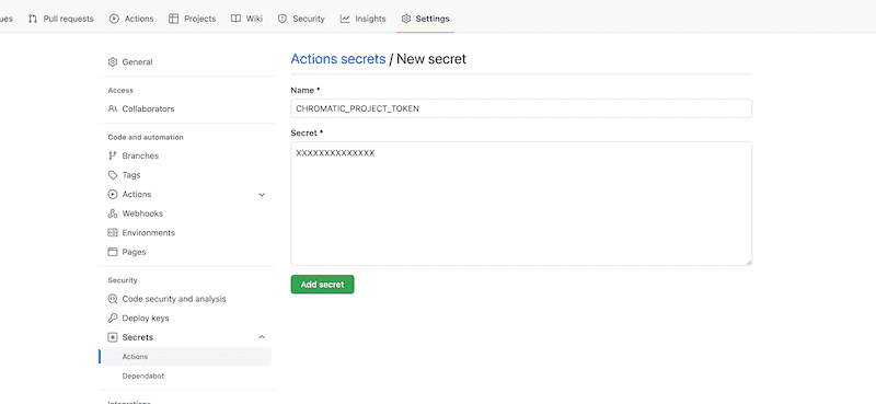 githubリポジトリsecret登録画面