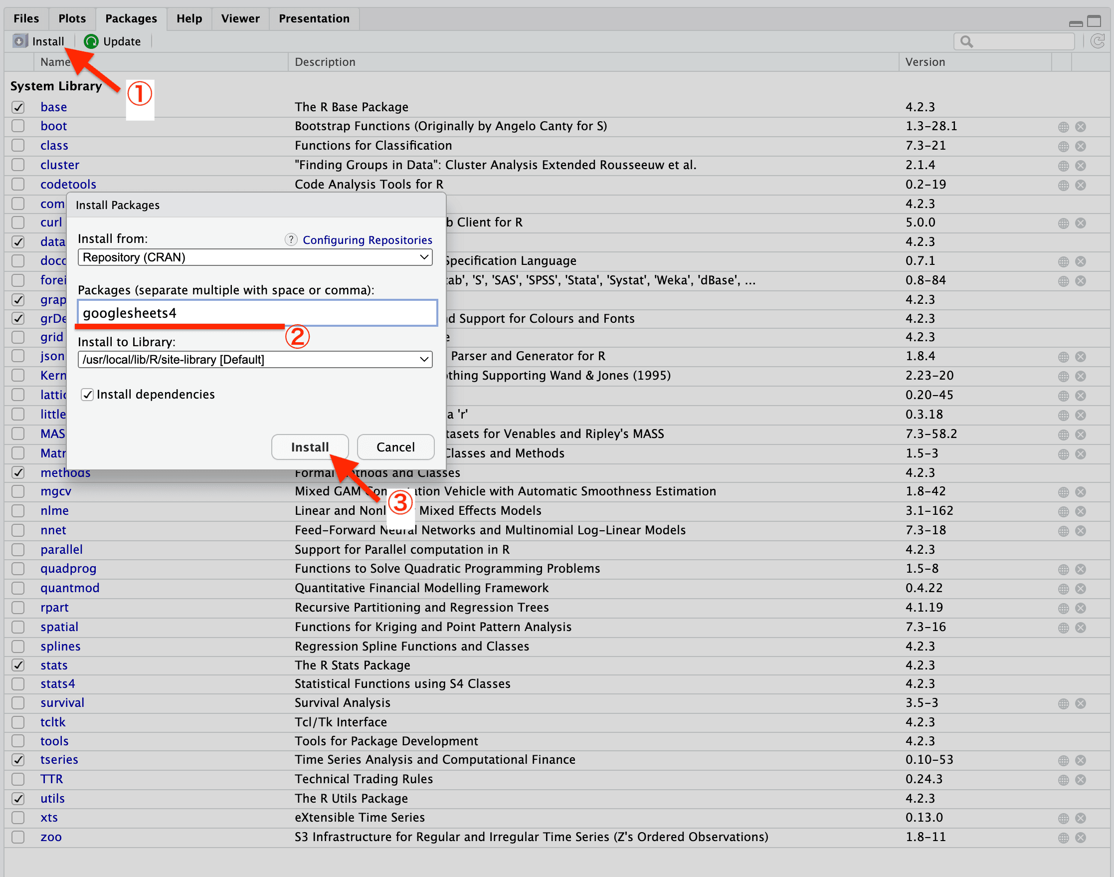 インストールしたいパッケージを Packages に入力して Install ボタンを押下