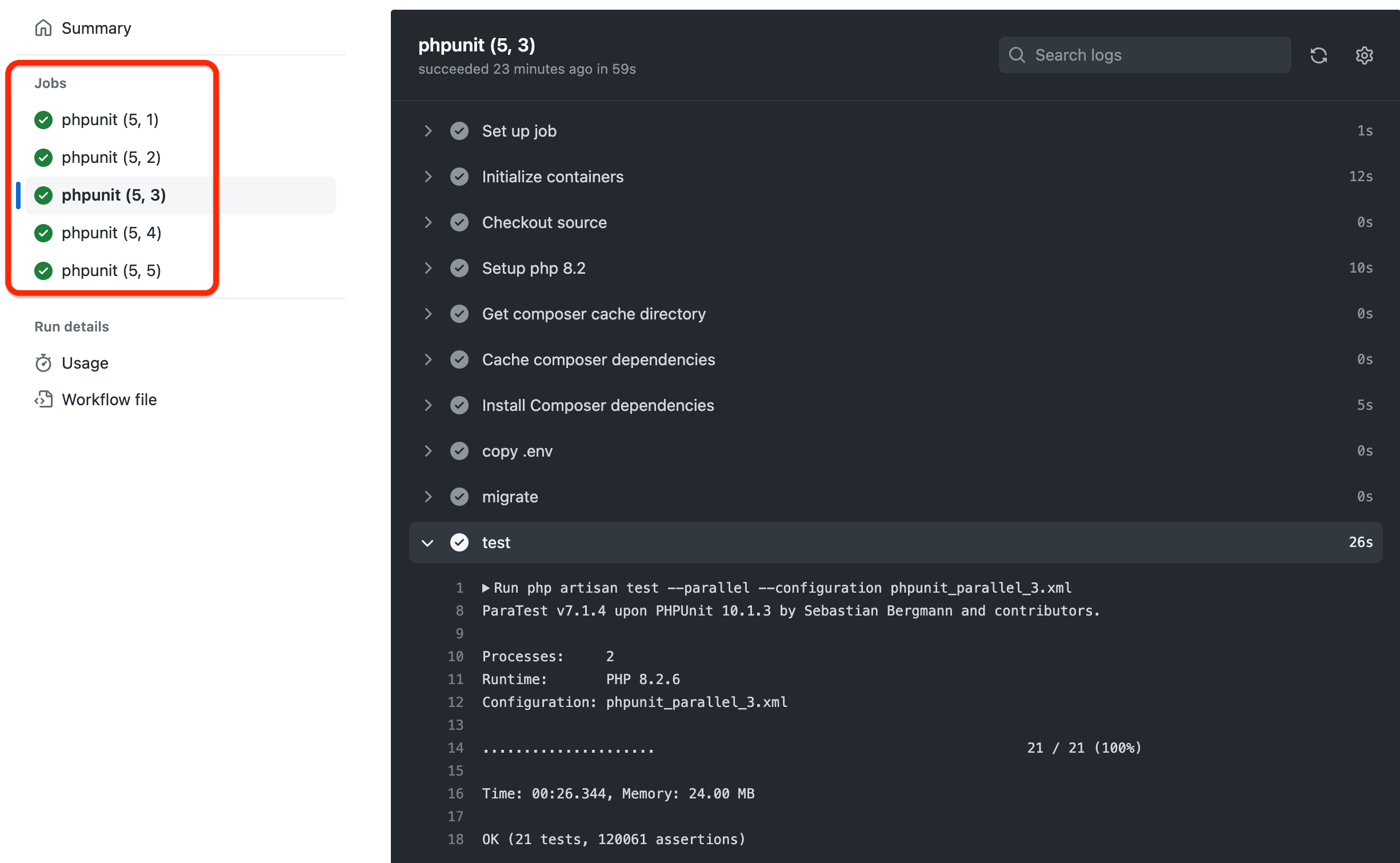 Github Actions での並列テスト（2コア・2プロセス・5ジョブ, 全体画面）