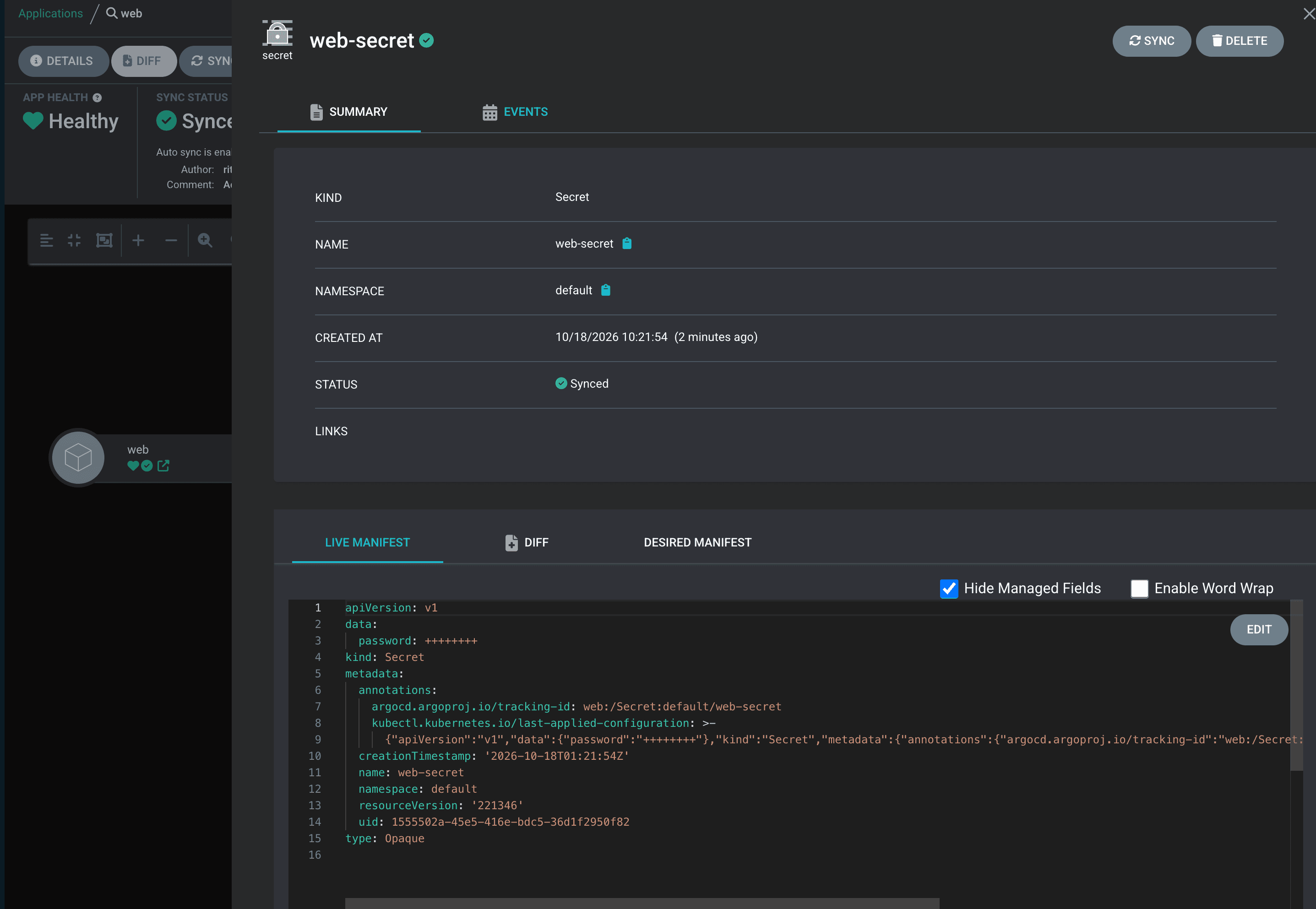 Argo CD の画面で Secret web-secret の LIVE MANIFEST を開いたところ。password の値が ++++++++ で伏せられている