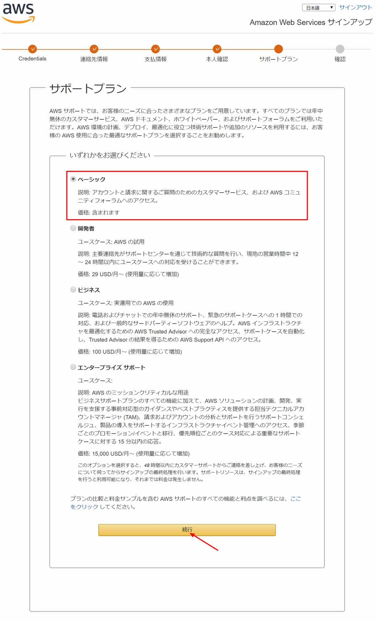 サポートプランの選択画面