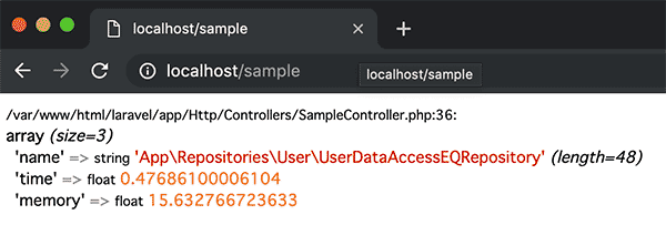 EloquentORM でのデータ取得結果画面
