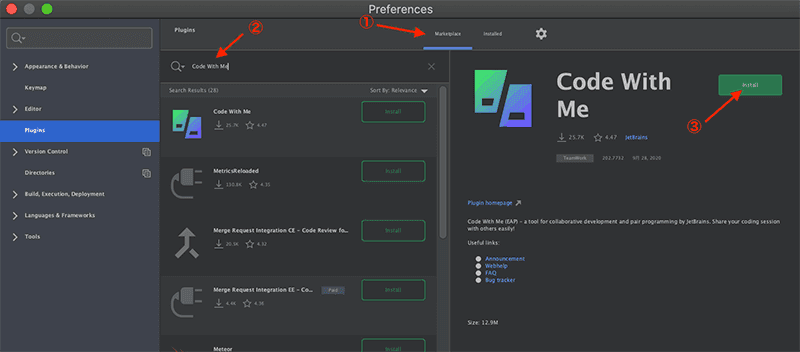 Code With Me プラグインをインストール