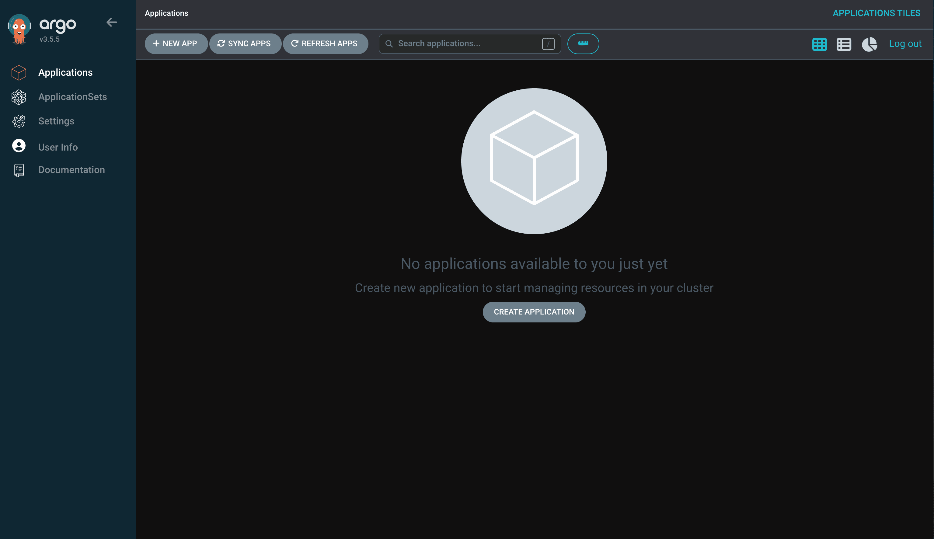 ログイン直後の Applications 画面。No applications available to you just yet と表示されている